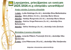 Aizputes vidusskolas apsveikums ar uzvarētājiem Angļu valodas un Bioloģijas 2.posma olimpiādēs